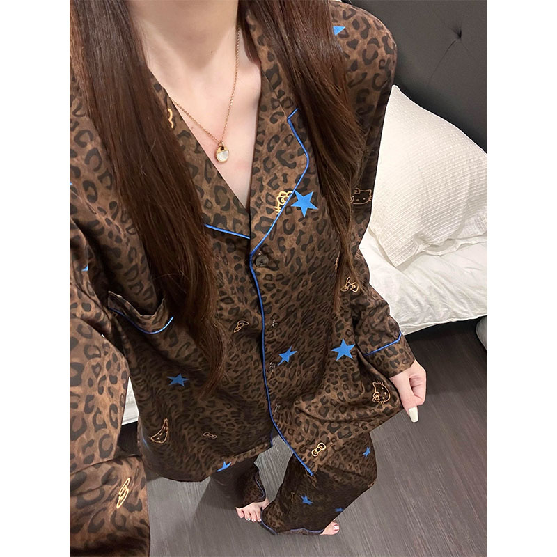 韩系性感豹纹Kitty冰丝睡衣女秋季爆款长袖长裤可外穿家居服套装