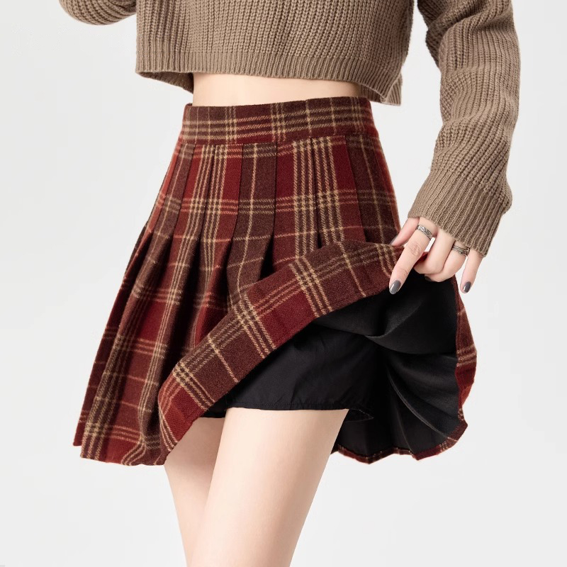 毛呢格子百褶裙女秋冬加厚高腰显瘦学院风a字短裙辣妹靴裙半身裙