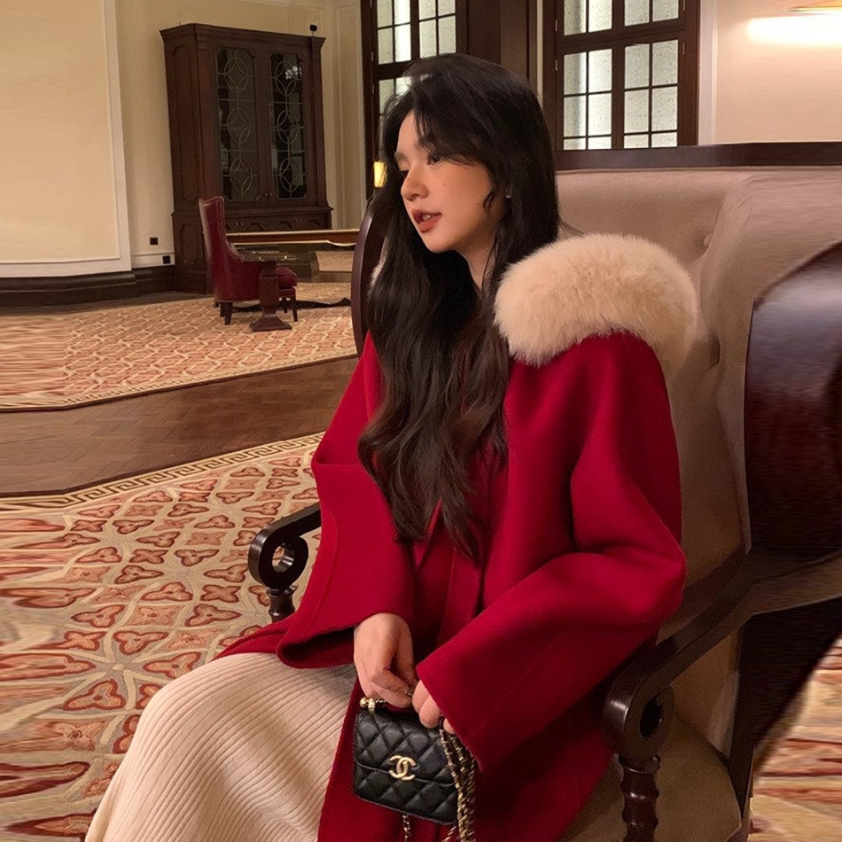 2025秋冬时尚中长款大毛领双面绒毛呢外套女洋气小个子呢子大衣潮
