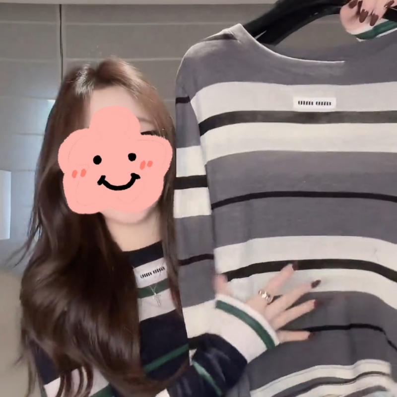时尚百搭撞色条纹长袖毛针织衫秋装宽松显瘦套头上衣女LK2505878