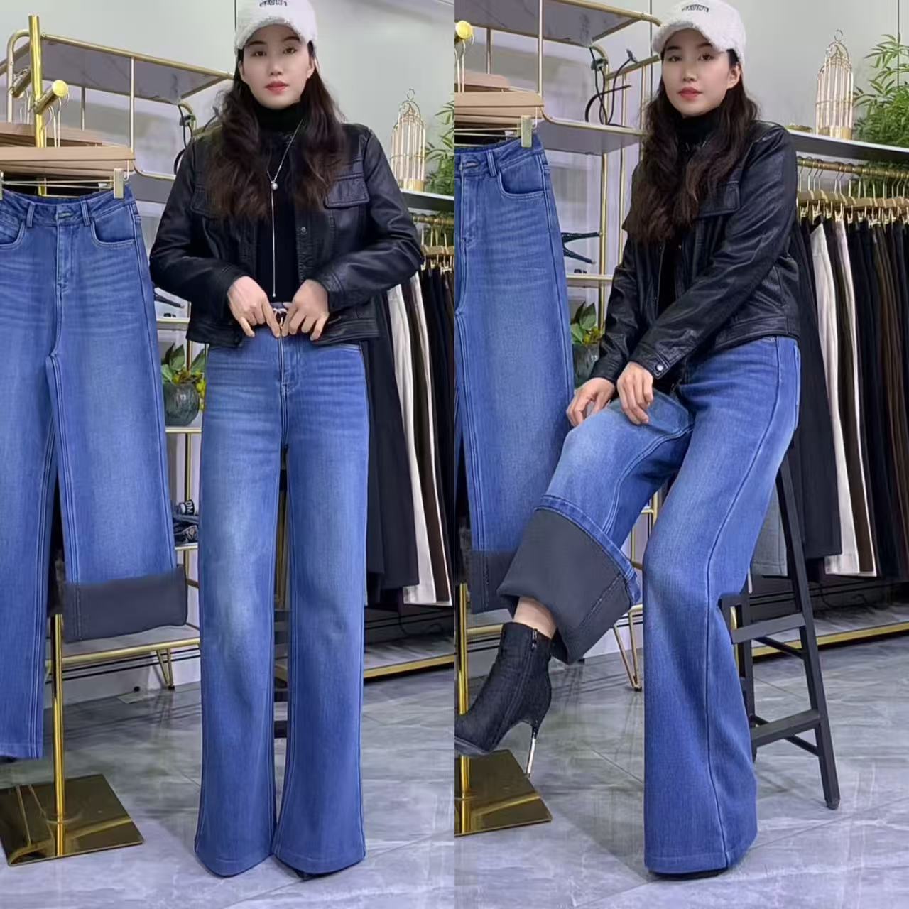 2025加绒高腰秋冬款牛仔裤筒喇宽松休闲时尚显瘦弹力百搭蓝色裤子