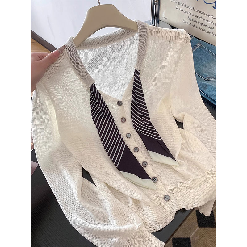 固质四季青2025早秋复古丝巾拼接长袖针织开衫女轻薄宽松小众上衣