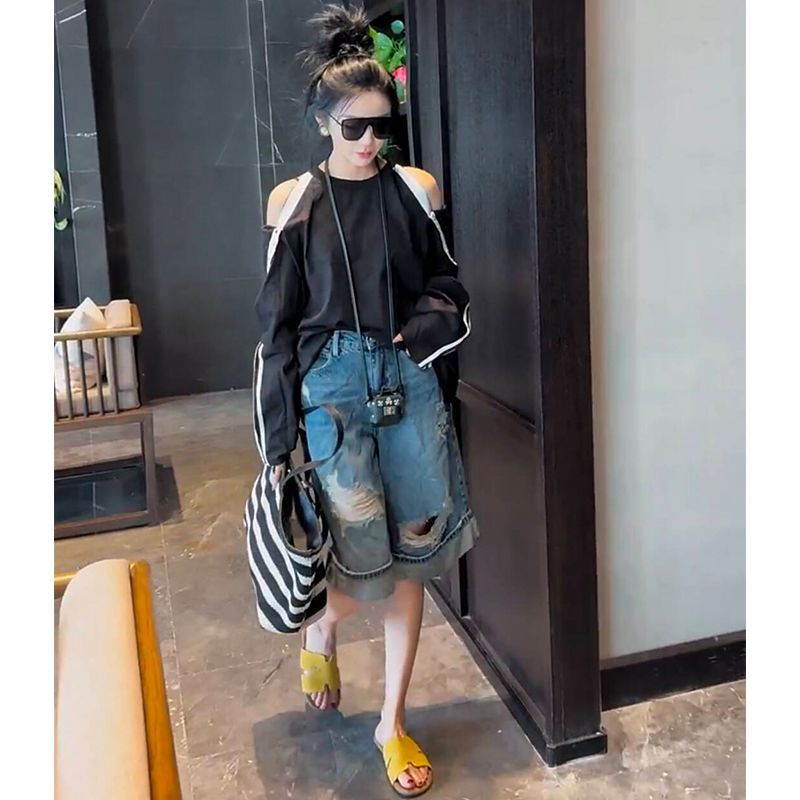 欧货2025夏季新款时髦洋气小众百搭减龄长袖露肩圆领棉麻上衣女