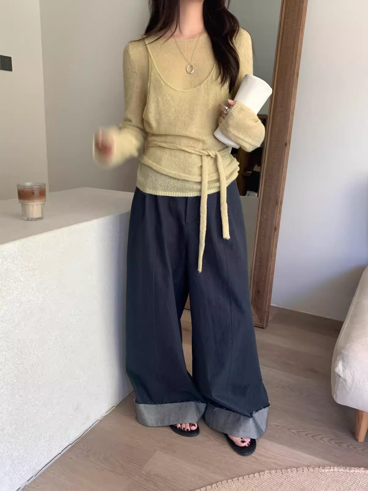 韩系温柔风套装假两件系带长袖针织衫女秋季直筒阔腿牛仔裤两件套