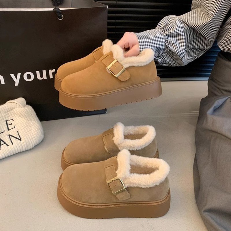 2025新款冬季厚底雪地靴女加绒保暖棉鞋勃肯鞋女博肯毛毛鞋乐福鞋