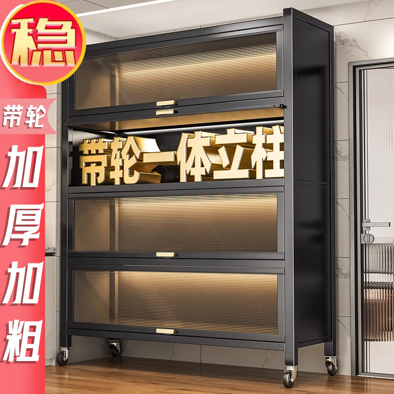 新款带轮厨房置物架可移动橱柜防尘落地多层微波炉碗柜储物收纳柜