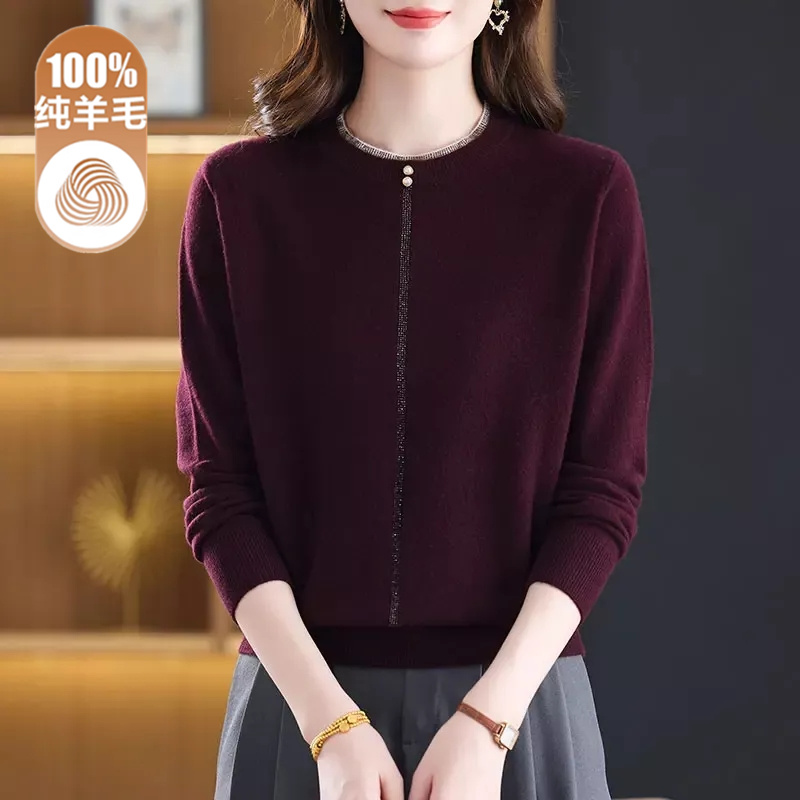 秋冬新款100纯羊毛衫女圆领宽松时尚妈妈装洋气减龄纯色打底衫