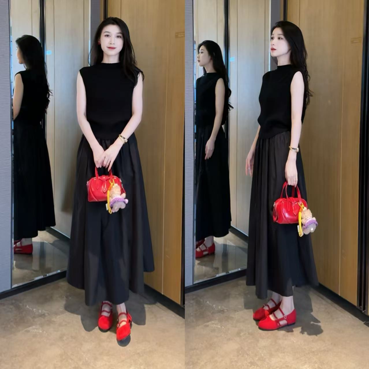 法式休闲风夏季绝美一整套半高领无袖修身上衣高腰半身裙两件套