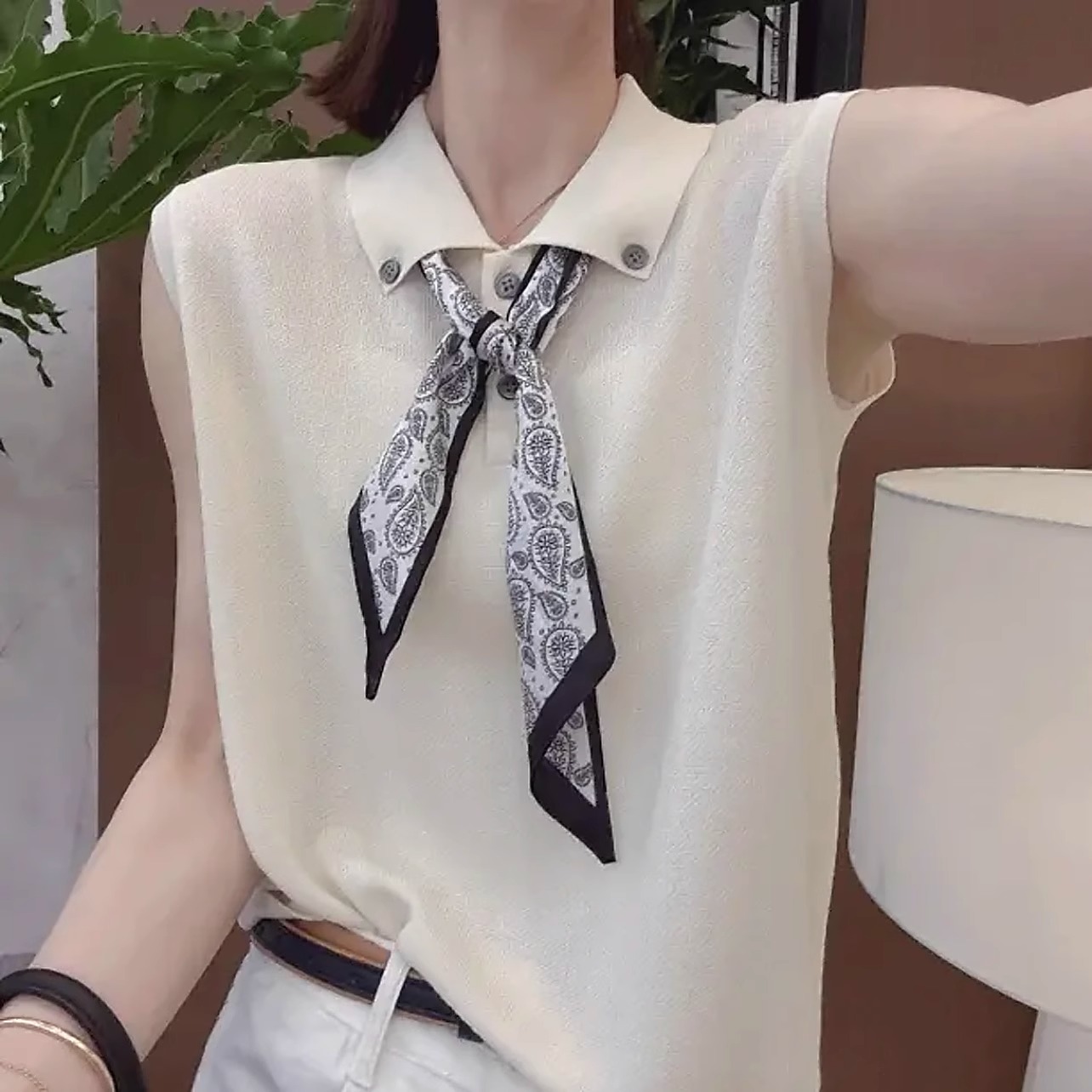 翻领丝巾系带冰丝针织衫新款夏季显瘦薄款无袖T恤衫套头百搭上衣