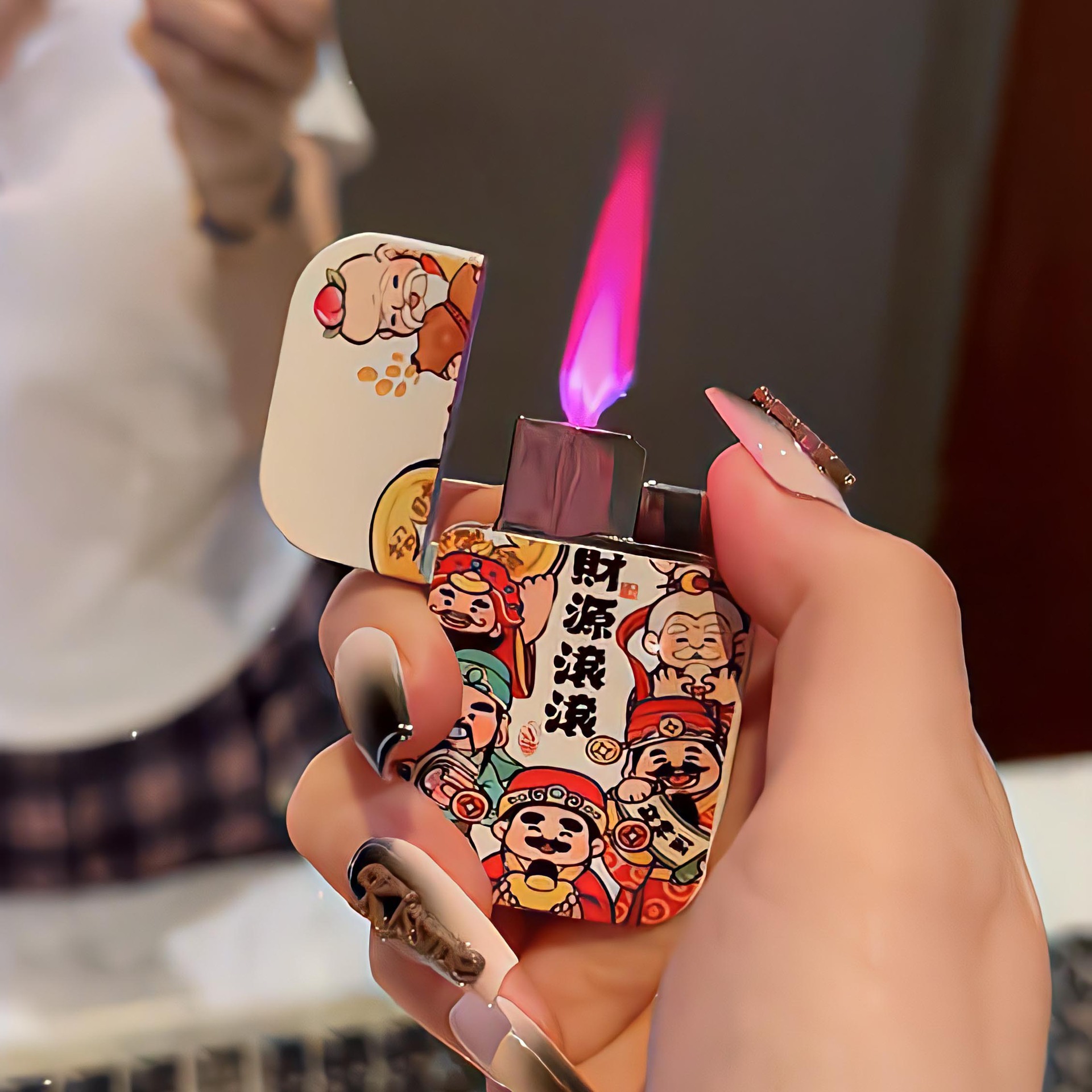 2025新年财神爷发财卡通充气防风金属打火机粉色火焰高颜值送男友