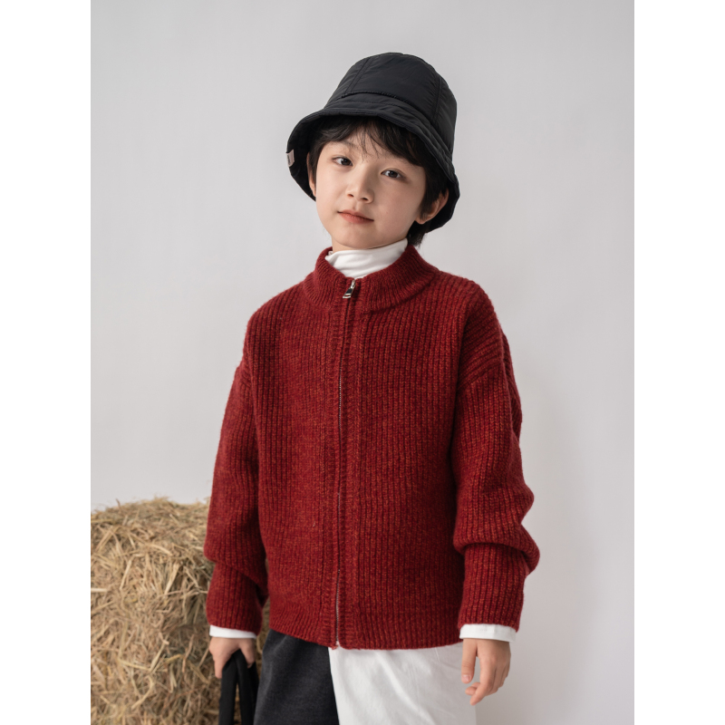 ASKR’疏暖‘【100%羊毛】男童新年红色拜年拉链厚毛衣儿童羊毛衫
