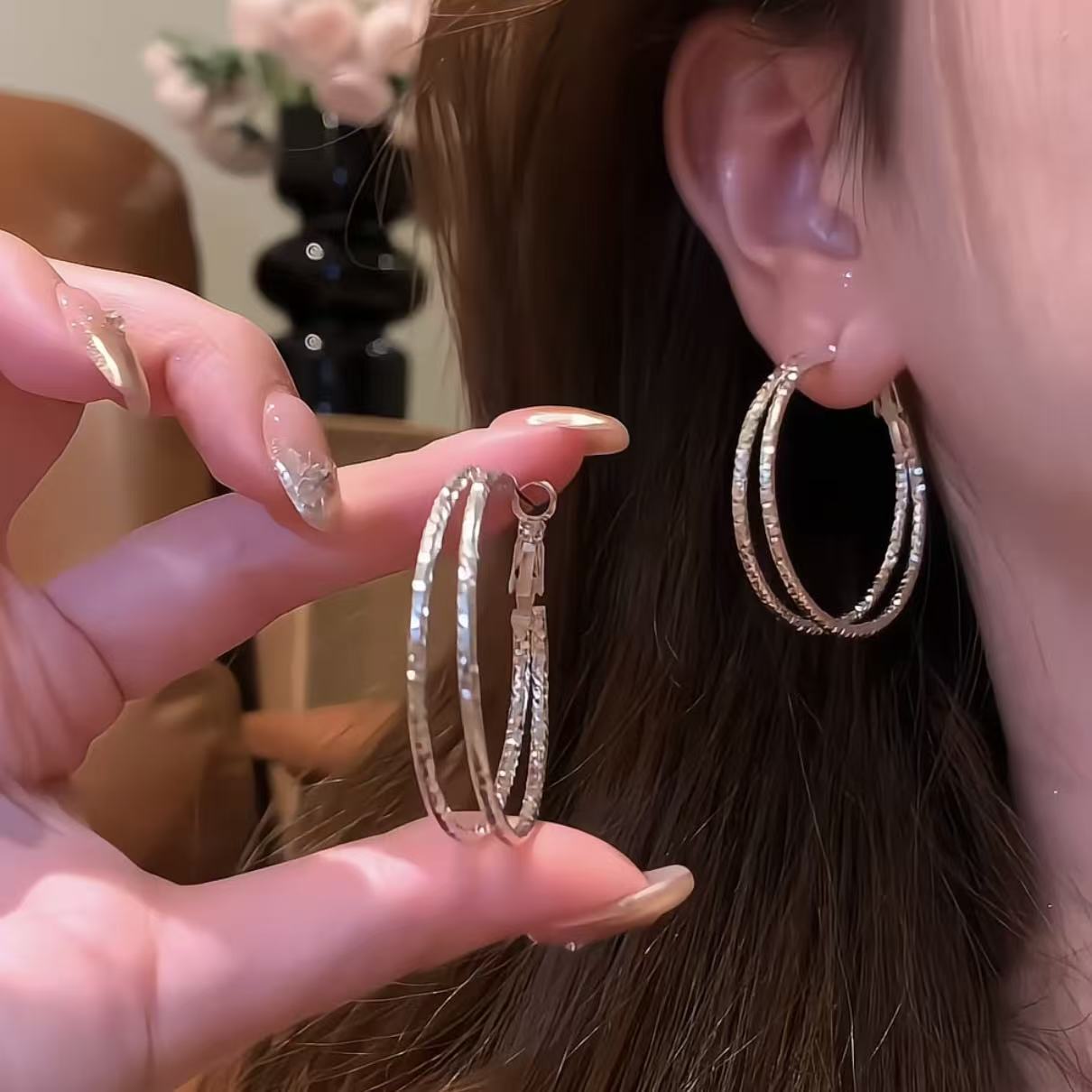 铜合金耳饰 欧美夸张银色超闪双层耳环女百搭显脸小高级独特耳饰