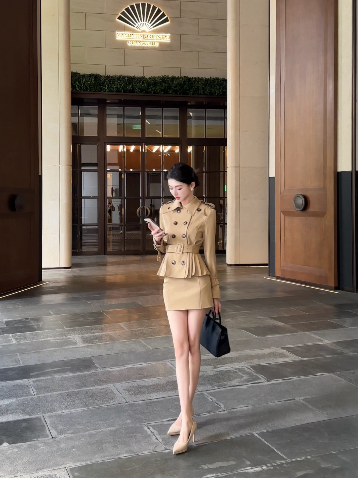 现货春日部【空谷幽兰】双排扣外套裙裤两件套01001