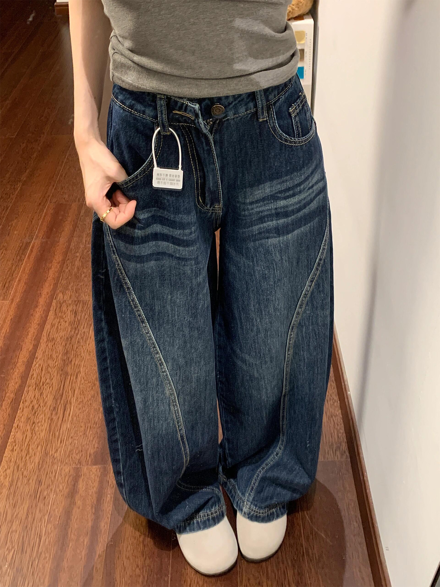 美式阔腿牛仔裤女秋季新款大码胖mm高腰宽松显瘦梨形身材弯刀裤子