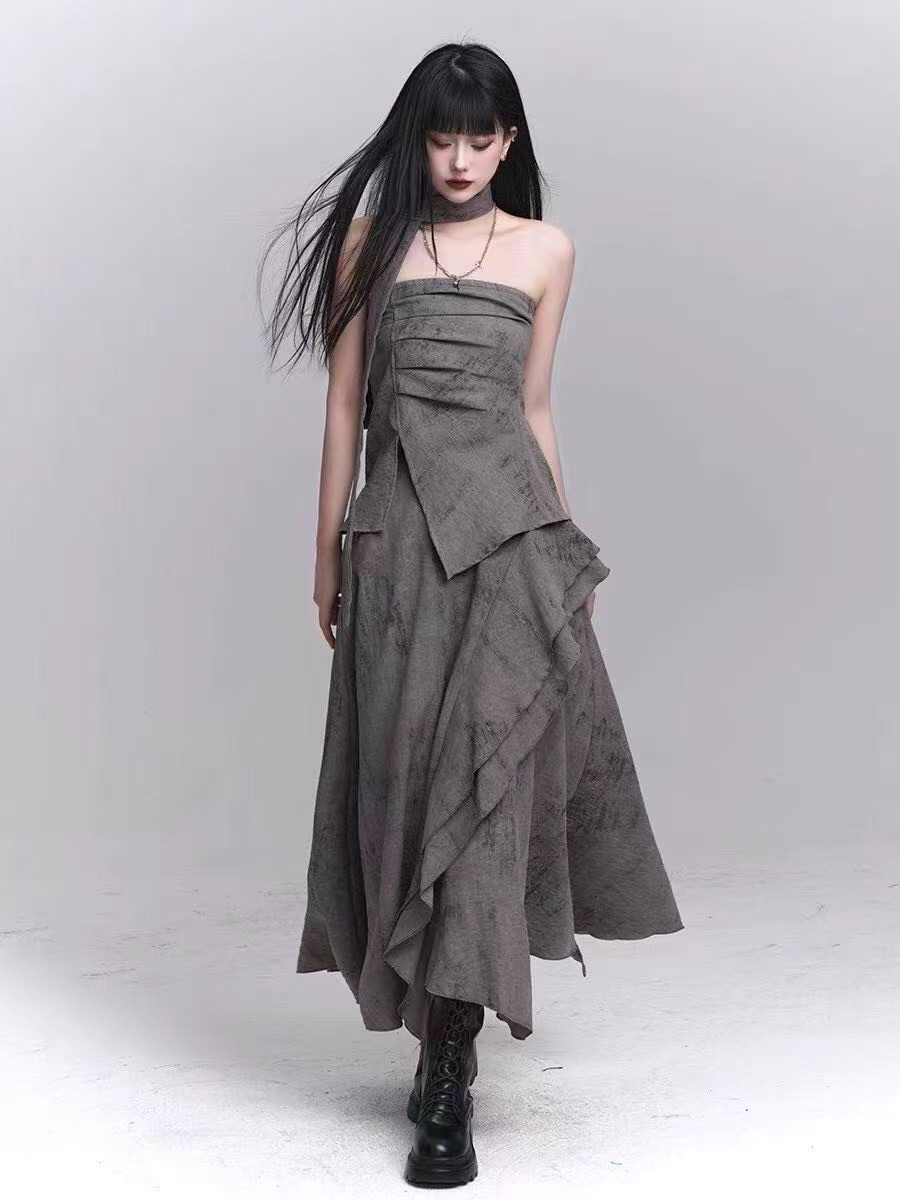 韩系高级感开叉抹胸吊带背心配宽松垂感阔腿裤夏季套装