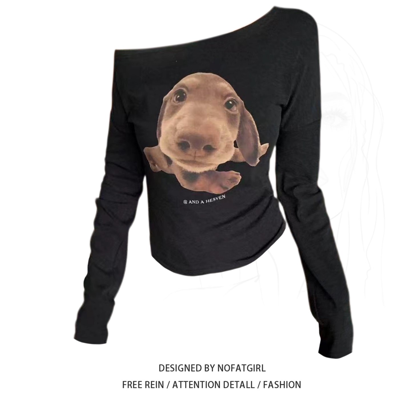 大码胖MM美式复古小狗印花斜肩长袖T恤女早秋新款修身设计感上衣