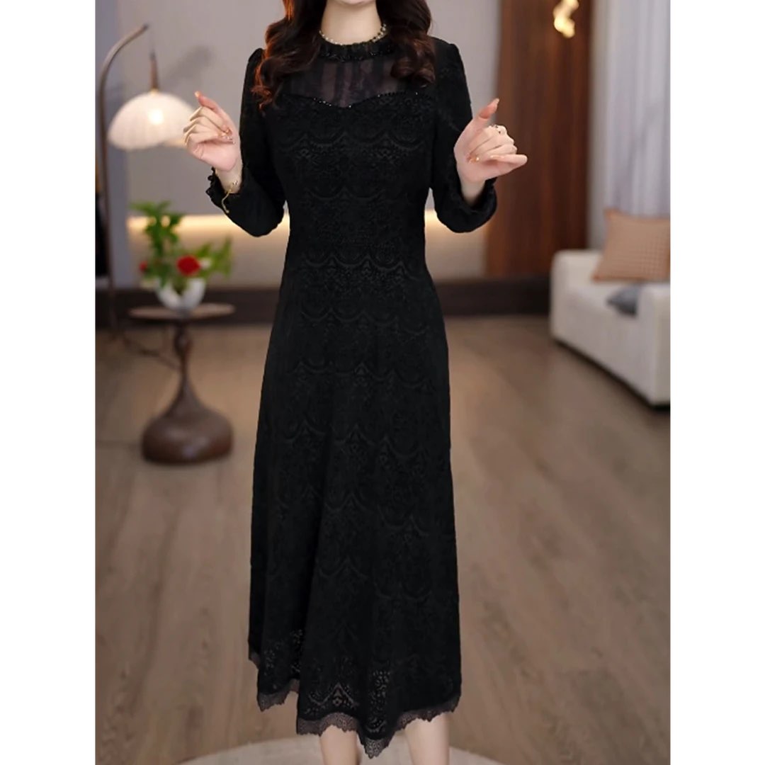 2025秋冬黑色圆领暗纹蕾丝长袖时尚简约显瘦修身女装连衣裙M-4XL