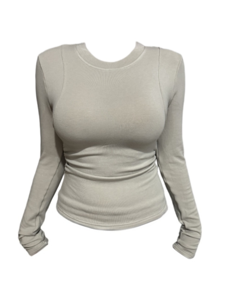 Amy家 大码女装直角肩显瘦圆领打底衫女内搭磨毛T恤独特别致上衣