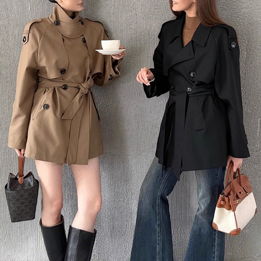 yh【巴黎旧梦2.0】经典廓形翻领收腰短款风衣春秋英伦风气质外套女