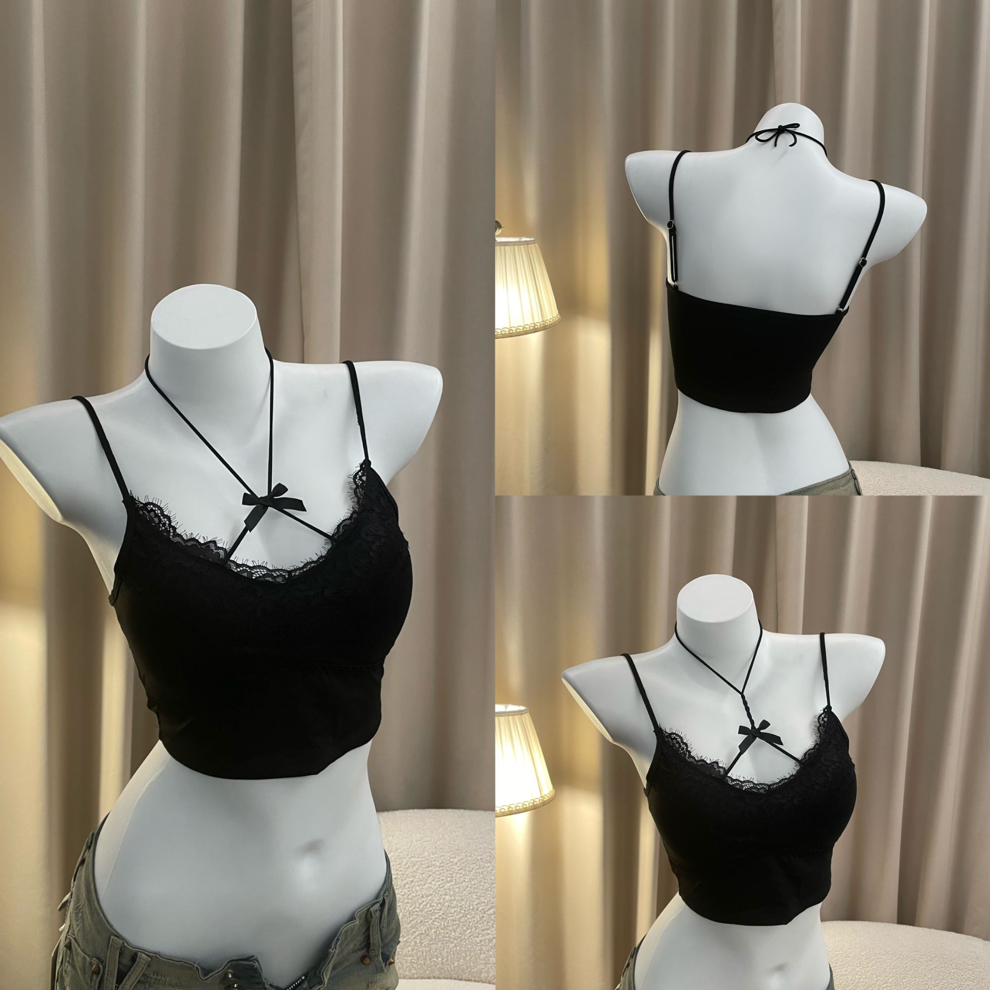浠儿家•黑色性感吊带背心女带胸垫蝴蝶结小心机抹胸外穿打底上衣