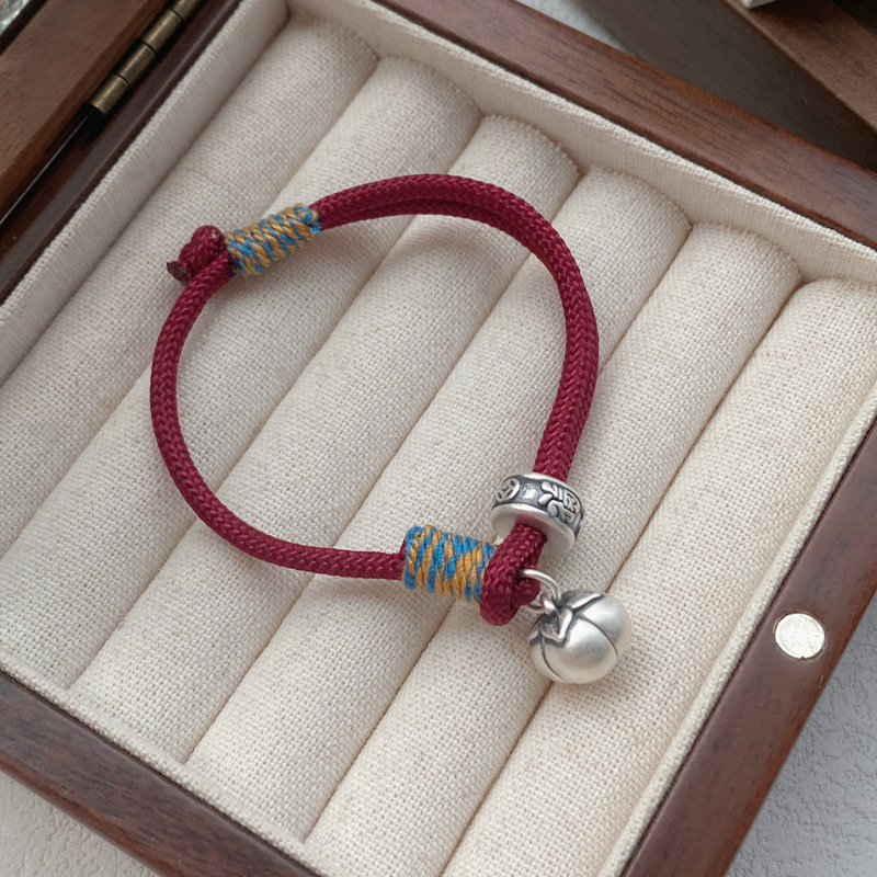 足银手链 足银999柿柿如意红绳手链女复古国风手工编织手绳新中式