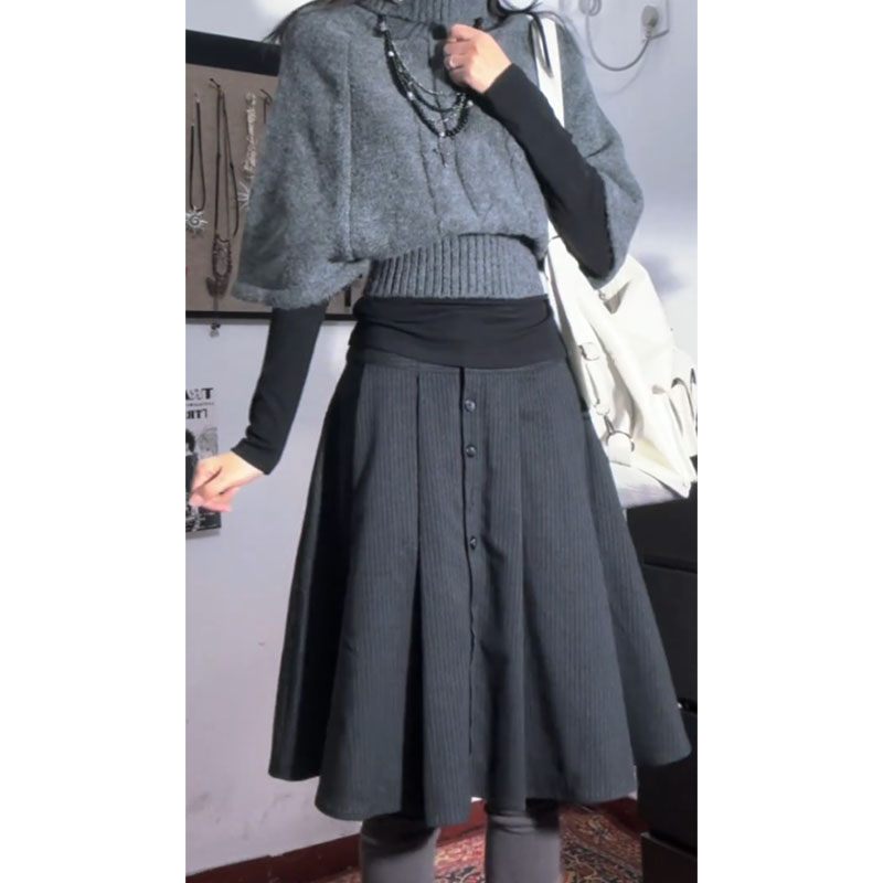 2025秋冬设计感套装休闲内搭半高领长袖上衣高腰a字半身裙套装女