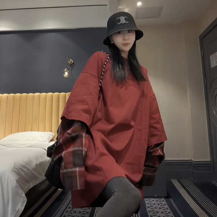 秋冬季复古格子撞色拼接廓形长袖T恤百搭假两件休闲圆领韩版外穿