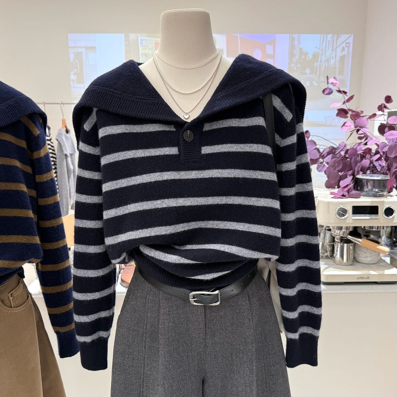 秋冬大码韩版海军领针织衫条纹上衣女慵懒风宽松显瘦翻领套头毛衣