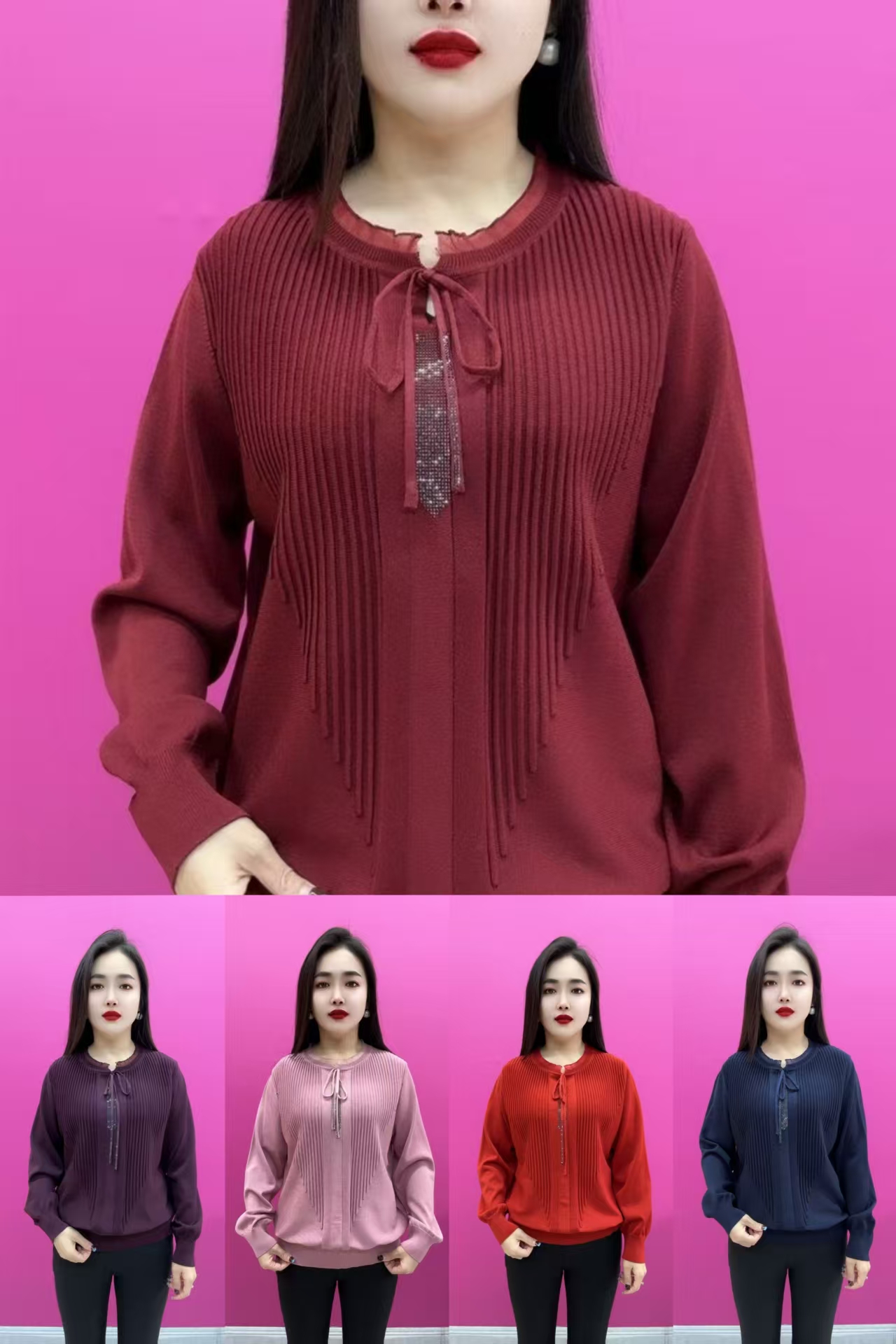 1559款木耳领系带蝴蝶结衫