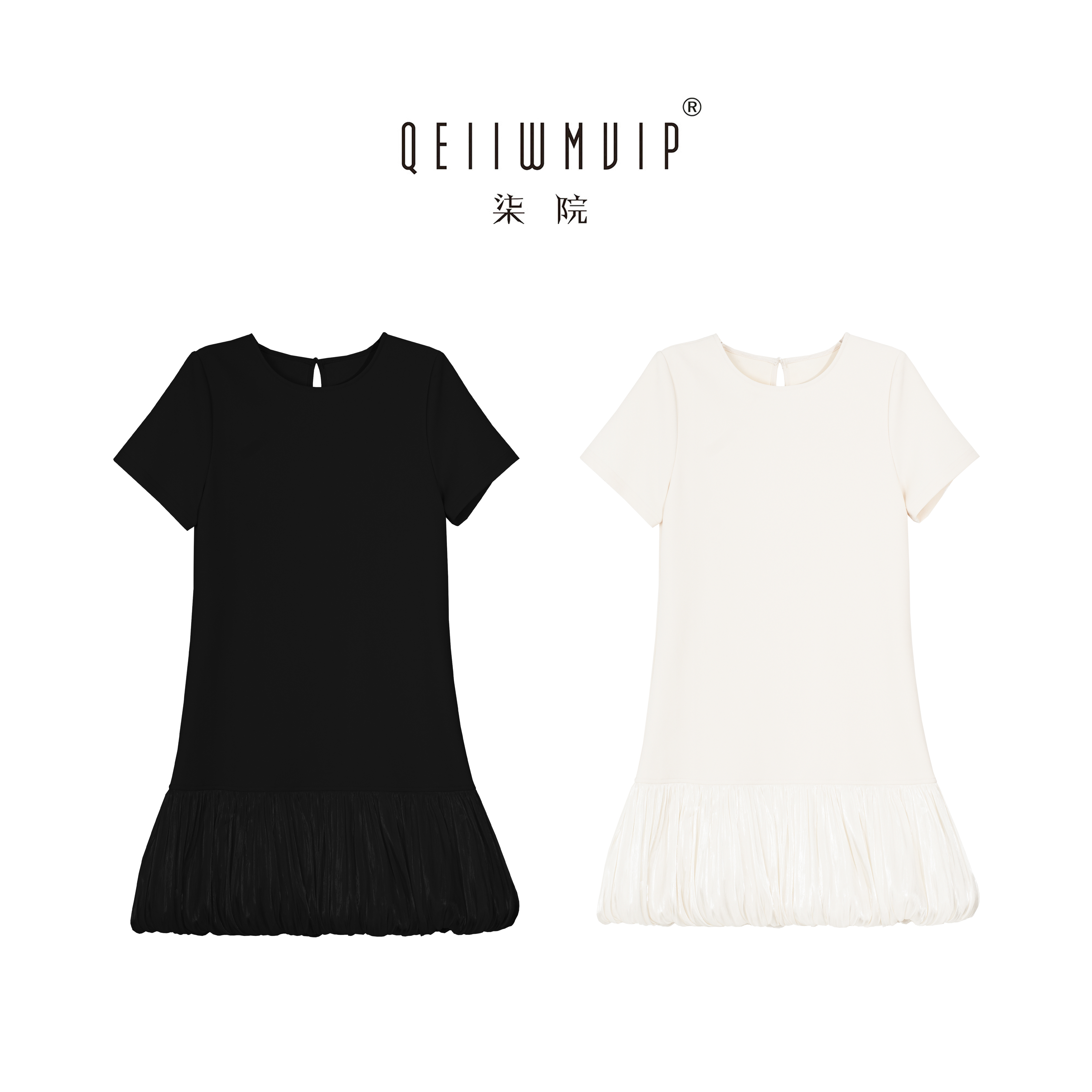 QEIIWMVIP/柒院初夏高级感自信穿搭拼接下摆短款显瘦连衣裙6732