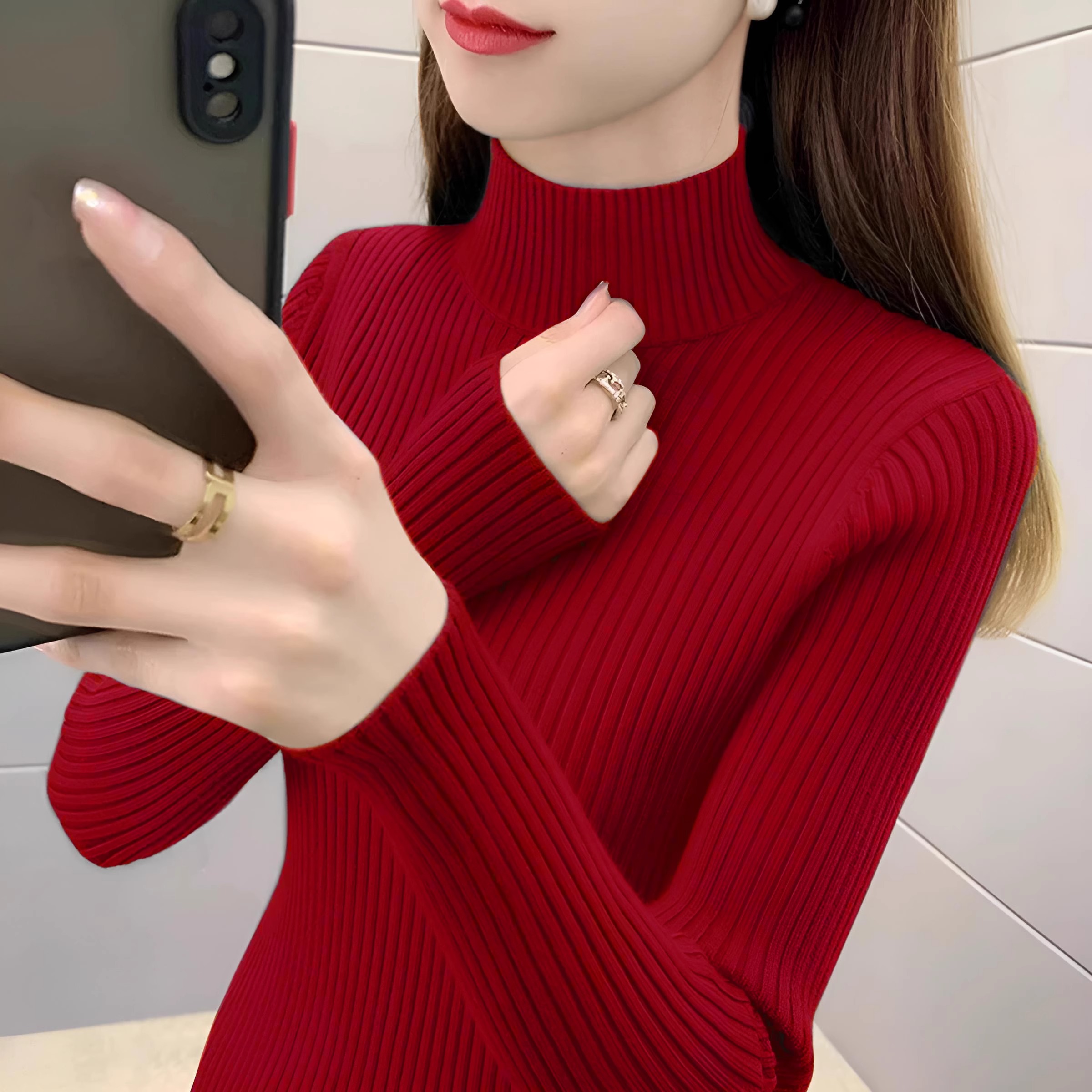 安哥拉红半高领毛衣女秋冬2025新款内搭打底衫高级感显瘦针织上衣