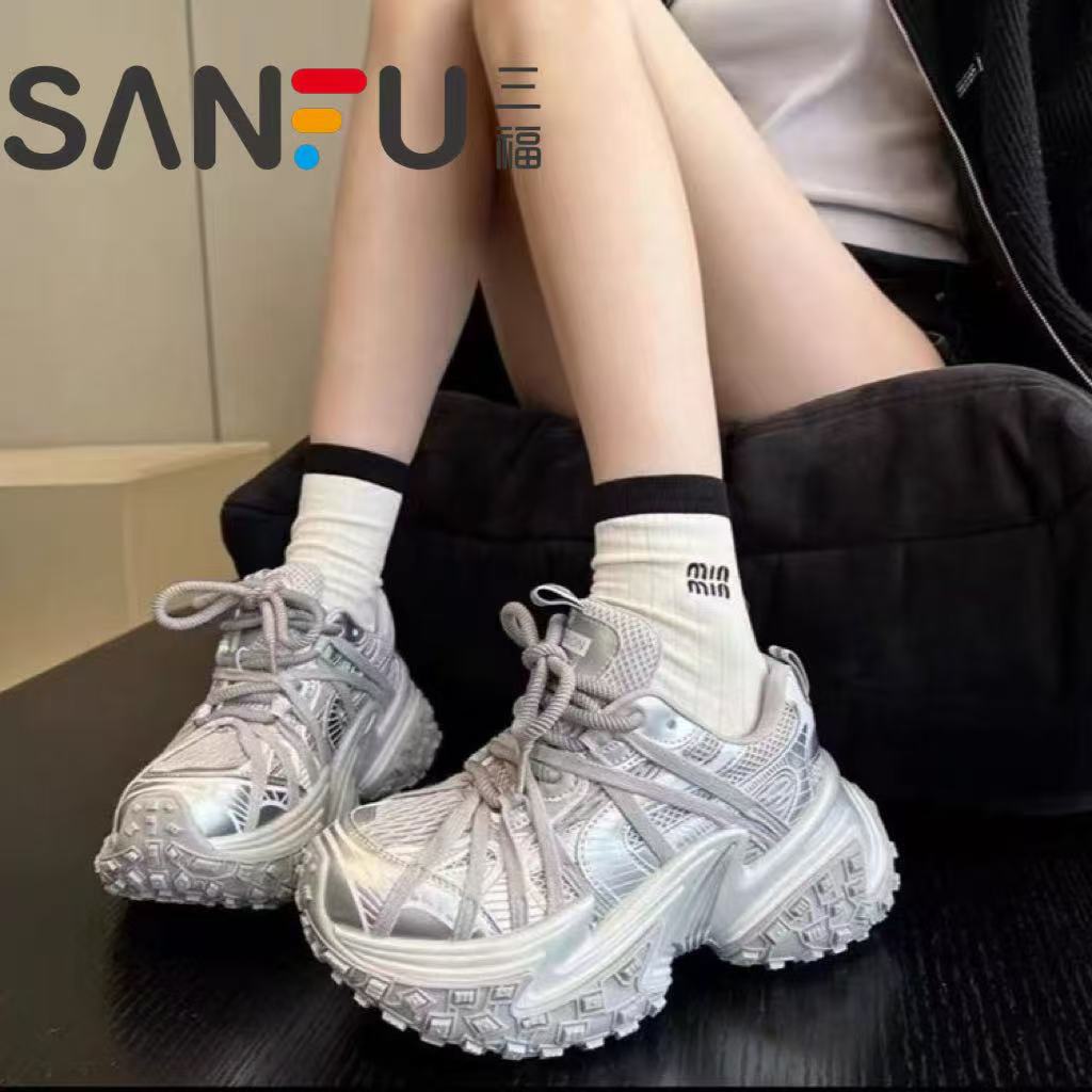 三福推荐~小众ins欧货厚底增高轮胎鞋女老爹鞋白色绑带运动休闲鞋