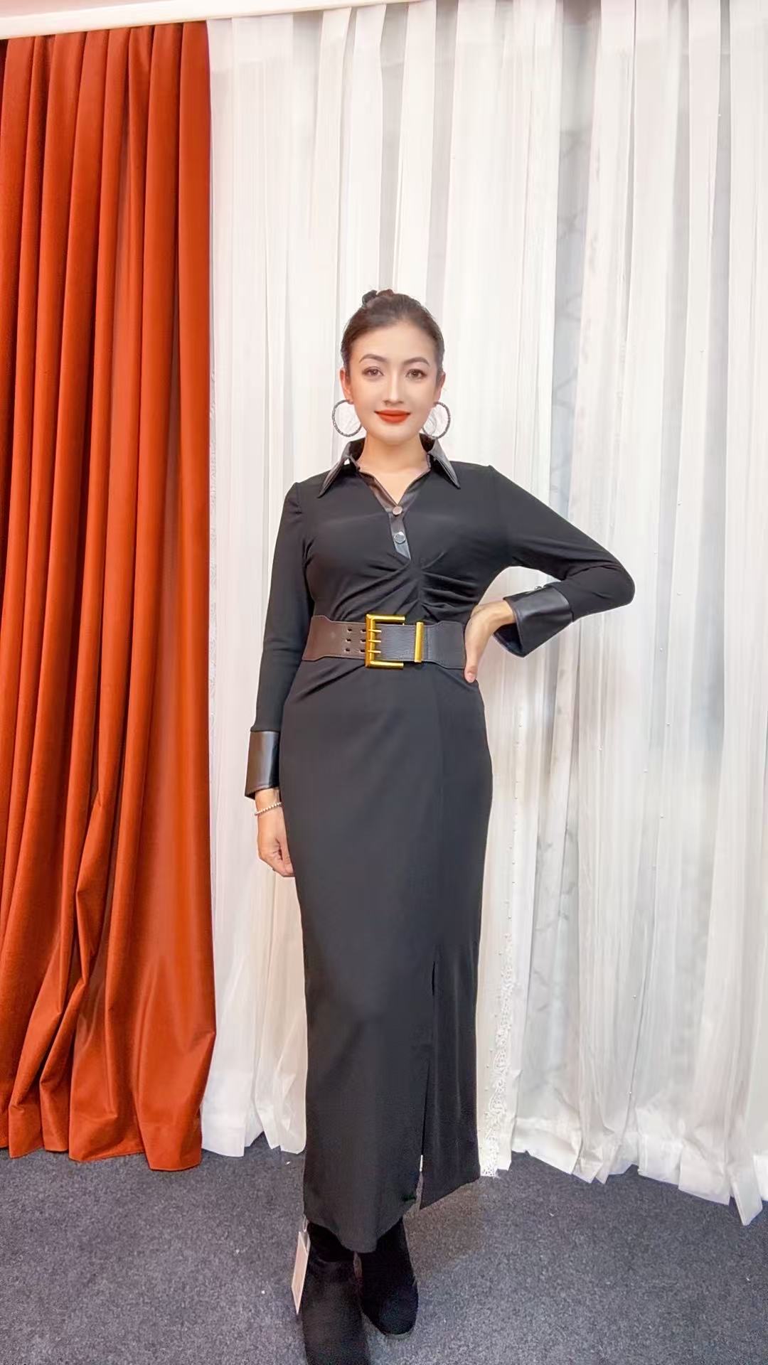 连衣裙中腰透气长裙常规袖纯色九分袖气质打底拉链显瘦002