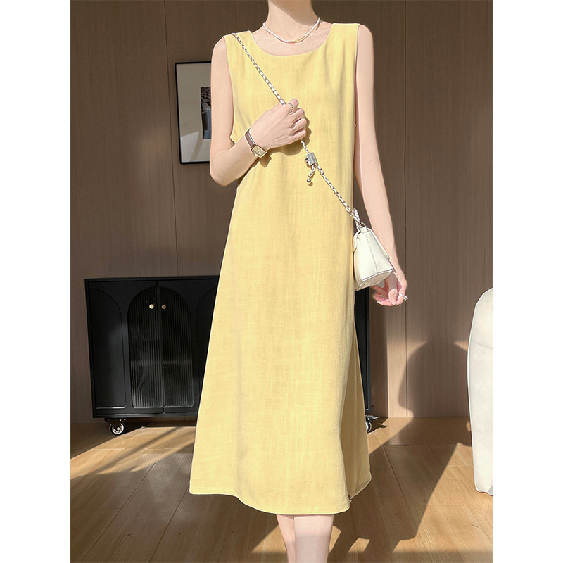 气质圆领无袖连衣裙女夏季复古文艺范休闲宽松裙摆抽绳亚麻背心裙