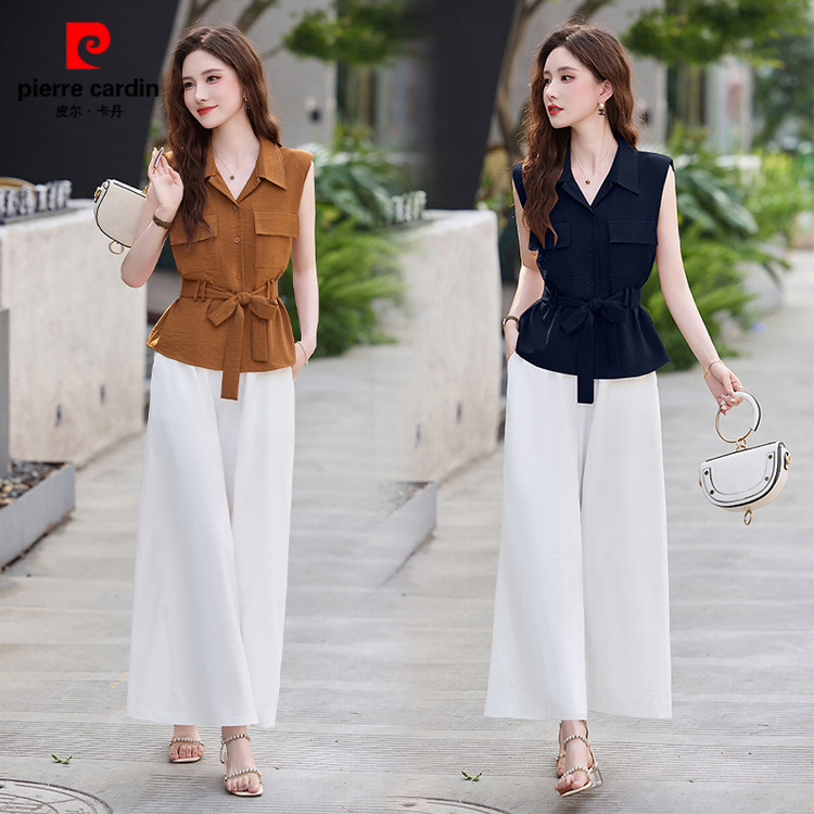 皮尔卡丹轻熟风通勤气质套装女2025夏季新款时尚无袖衬衫白色阔腿