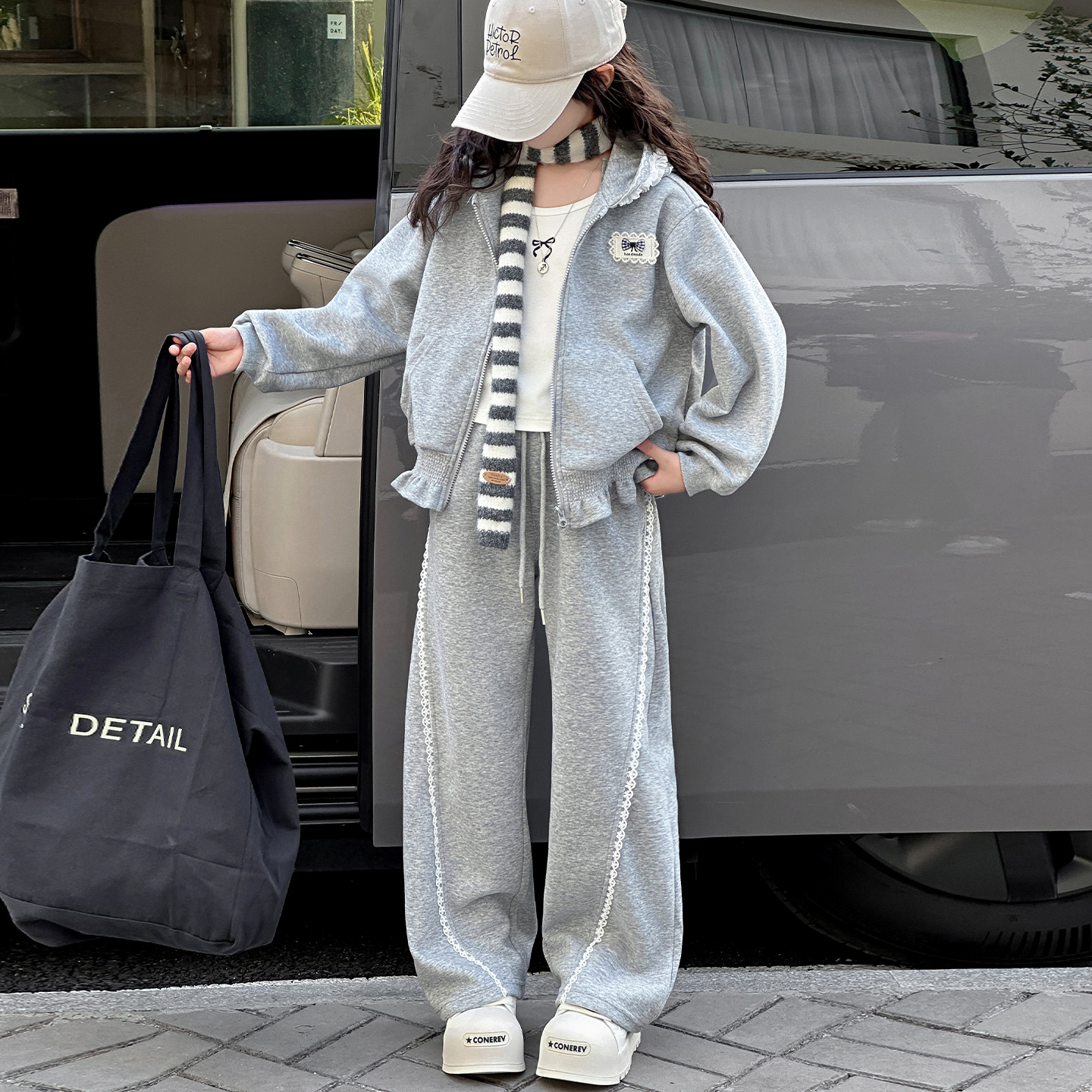 韩系童装2025秋季新款儿童蕾丝花边连帽卫衣外套女童卫裤运动套装