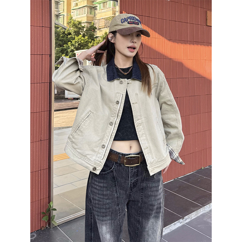 美式复古水洗拼接工装夹克外套女秋季新款翻领高街小众休闲上衣潮