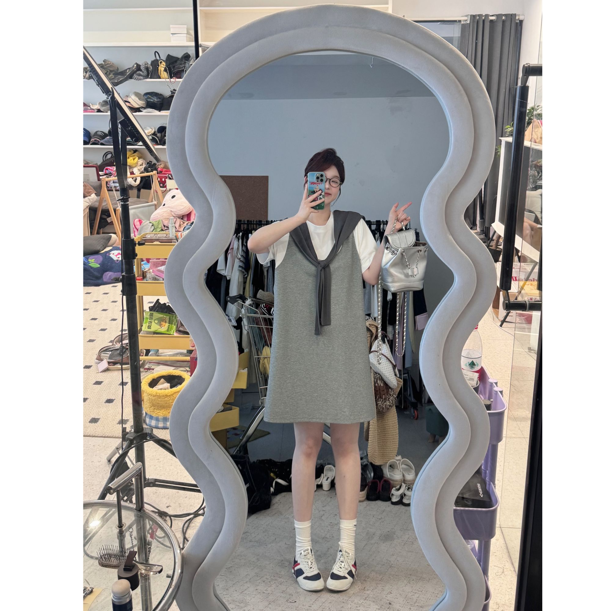 晶咕【米兰达】 假三件撞色短袖拼接带披肩长短版连衣裙