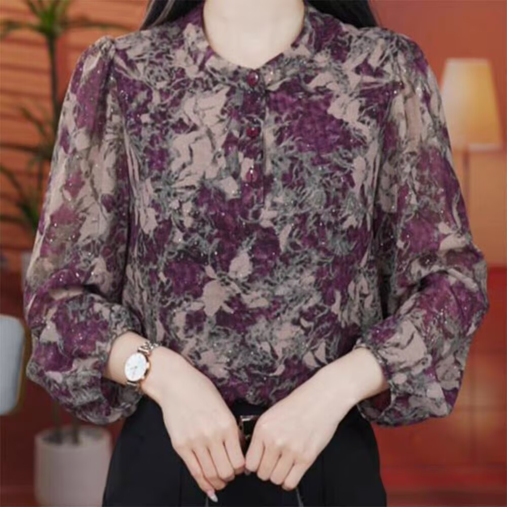 春夏薄款九分袖冰丝碎花衬衫大码妈妈装宽松遮肚洋气百搭防晒小衫