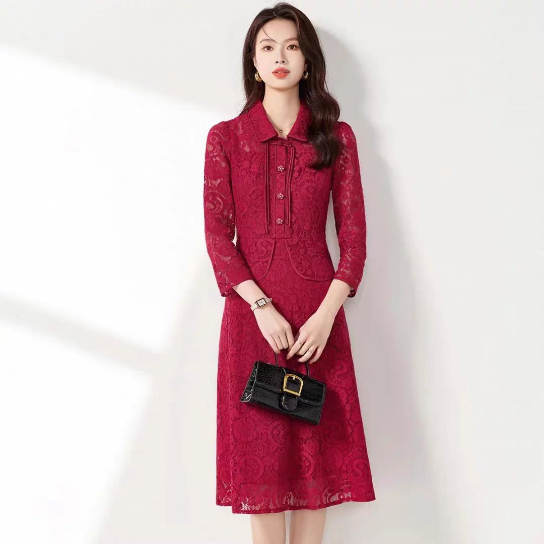 【F3602】2025蕾丝连衣裙中国风盘扣长裙修身显瘦连衣裙