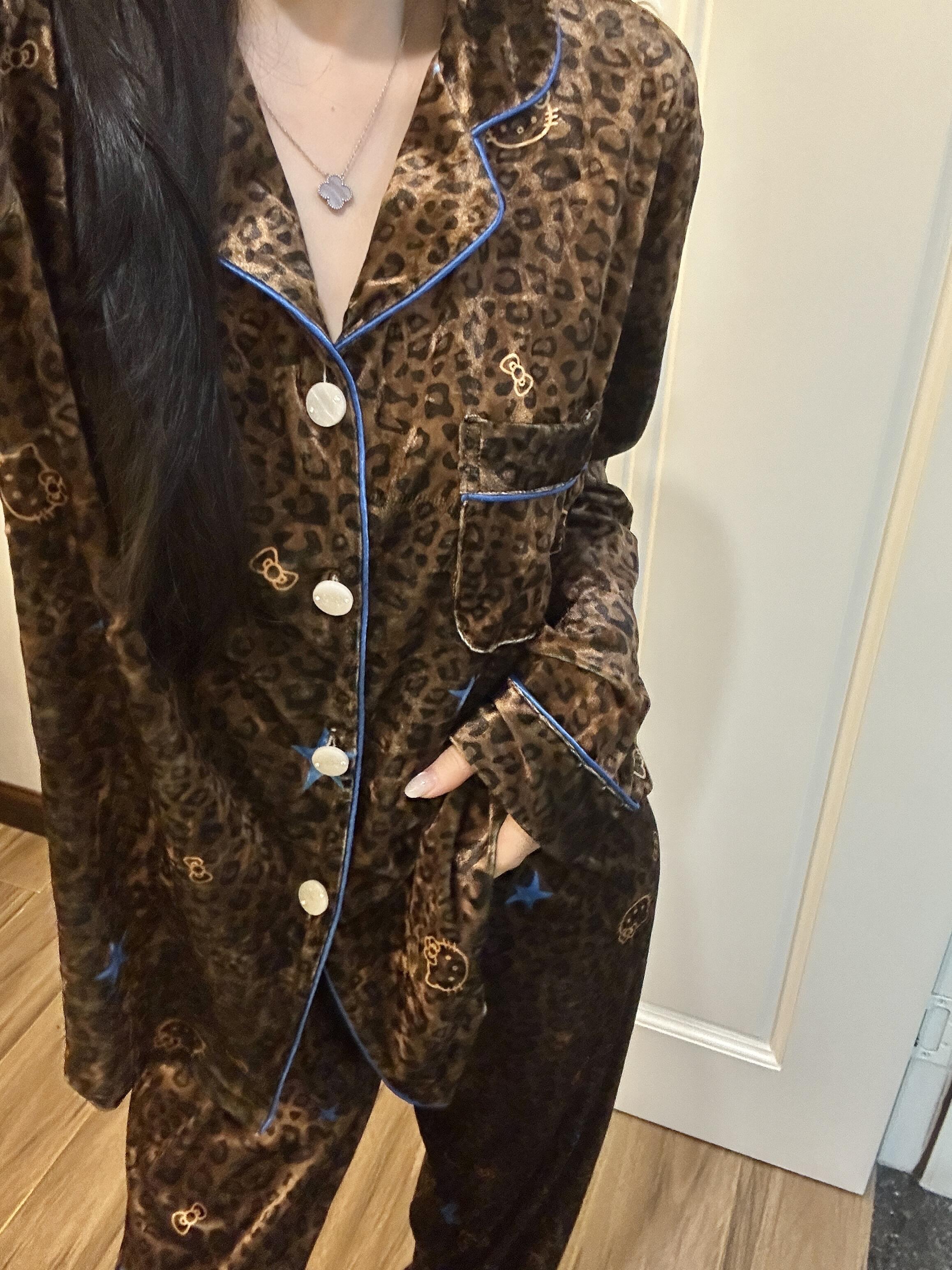 《美拉德豹纹》韩版亲肤金丝绒凯蒂猫高端睡衣女秋季家居服两件套