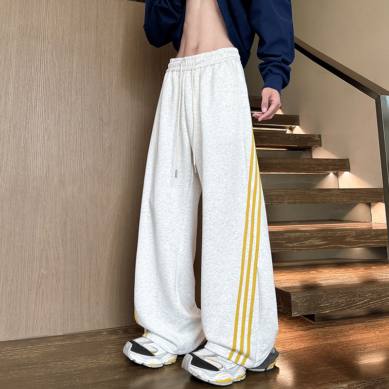 美式复古三条杠运动裤男款秋季宽松垂感卫裤撞色大码潮流休闲裤子