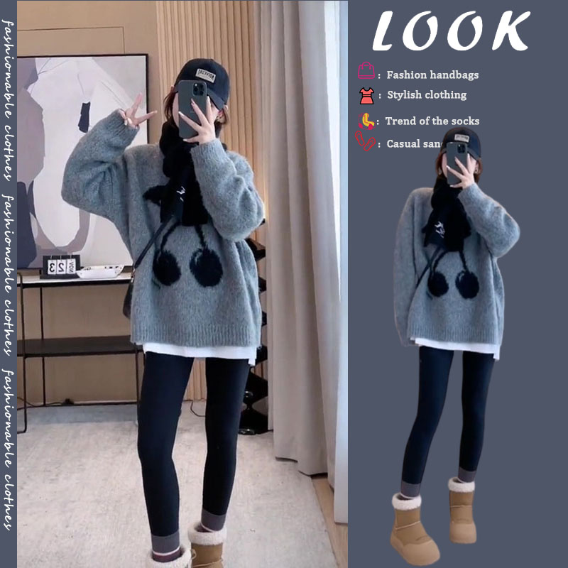 秋冬穿搭一整套2025年秋季新款盐系时尚针织毛衣收腰打底裤两件套