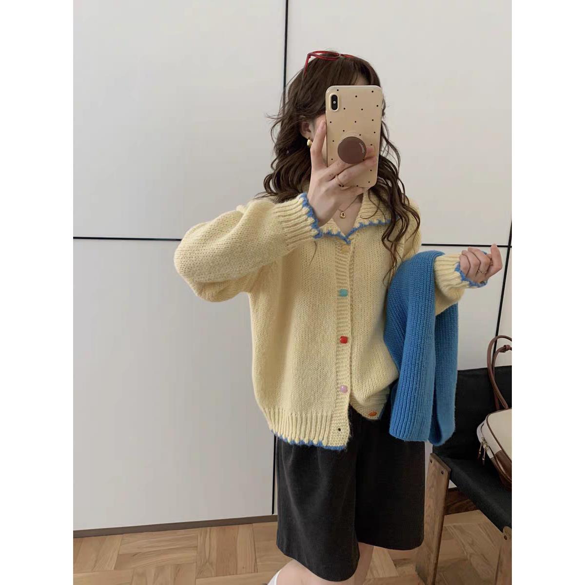 韩系秋冬新款高级温柔百搭撞色翻领彩扣针织开衫毛衣女韩系上衣