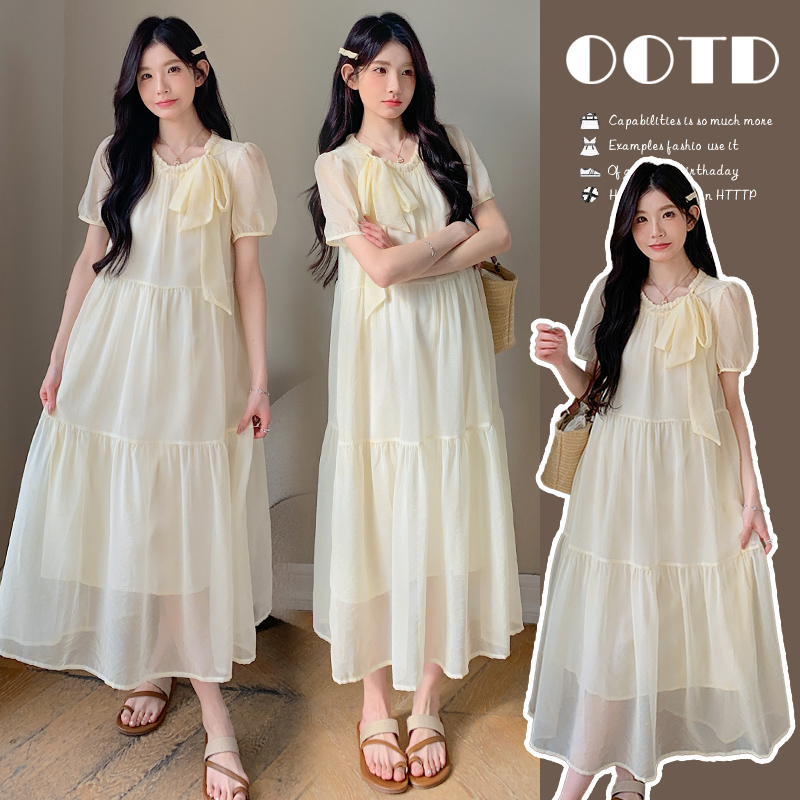 孕妇装2025夏季新款法式蝴蝶结绑带设计感甜美宽松孕妇短袖连衣裙