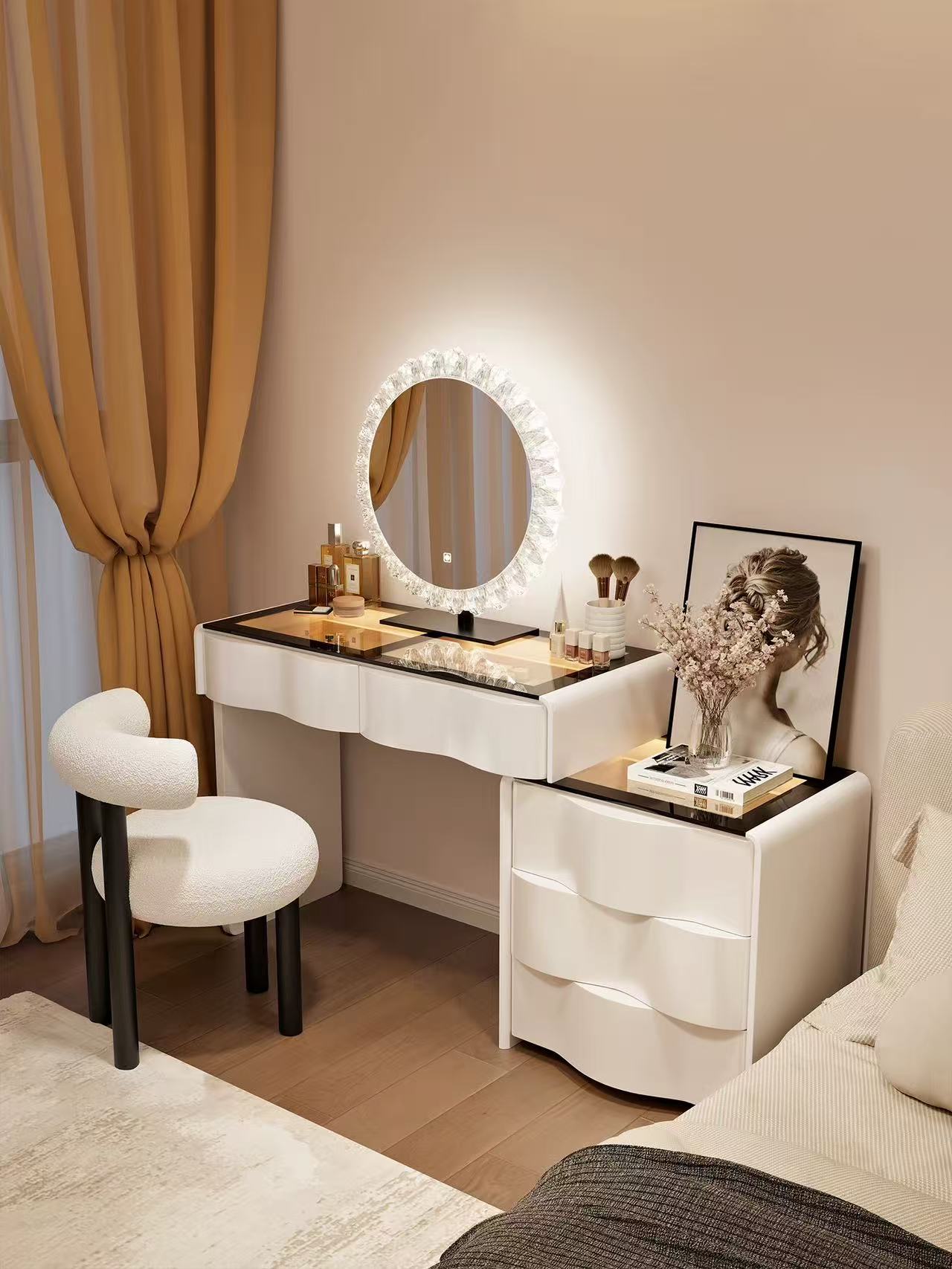 2025新款镜面梳妆台现代卧室简约斗柜一体实木化妆桌一体化妆镜