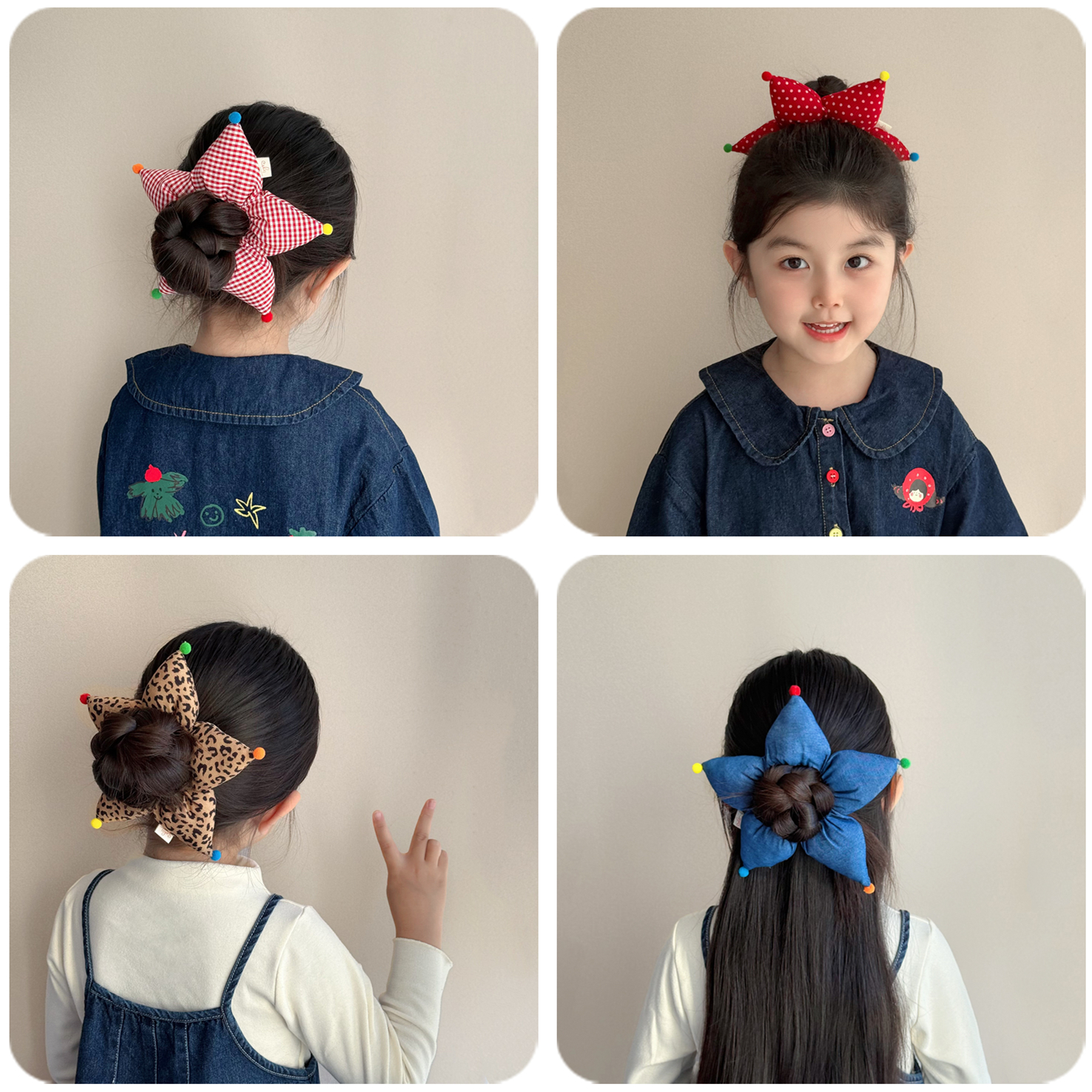 儿童发饰韩系百搭布艺星星发圈女童豹纹大肠圈女孩红色丸子头发绳