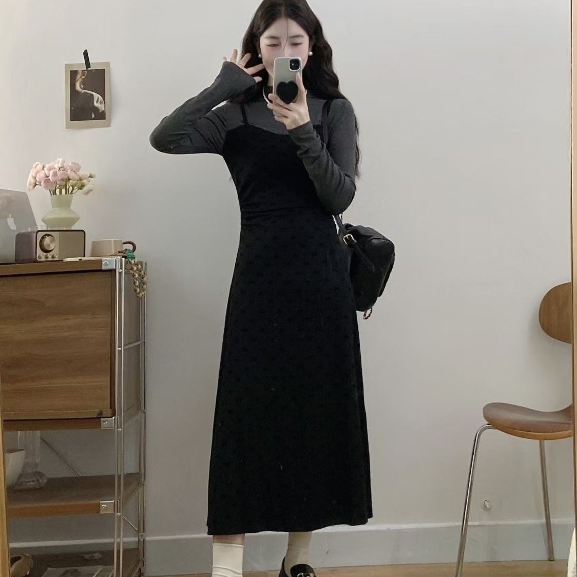 秋季法式新款时尚假两件半高领长袖针织显瘦气质感贵系连衣裙长裙