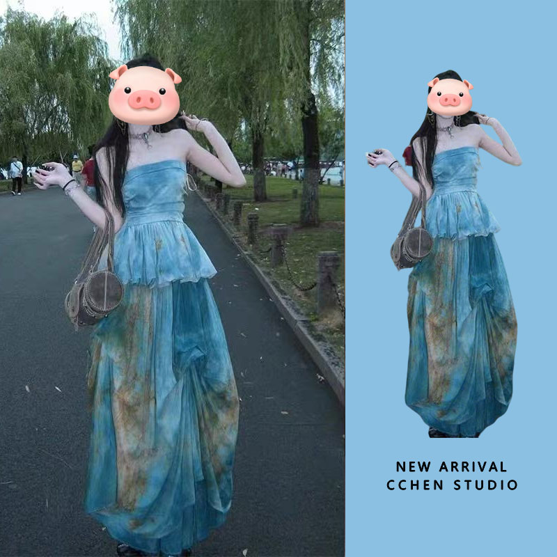 CCHEN STUDIO夏新中式扎染百褶不规则蓝色无袖抹胸半身裙两件套装