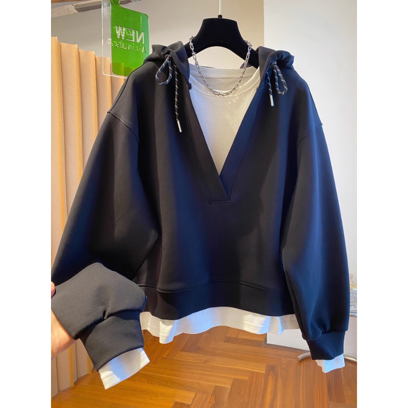 胖妹妹240斤韩系假两件连帽卫衣女春秋2025新款宽松休闲百搭上衣